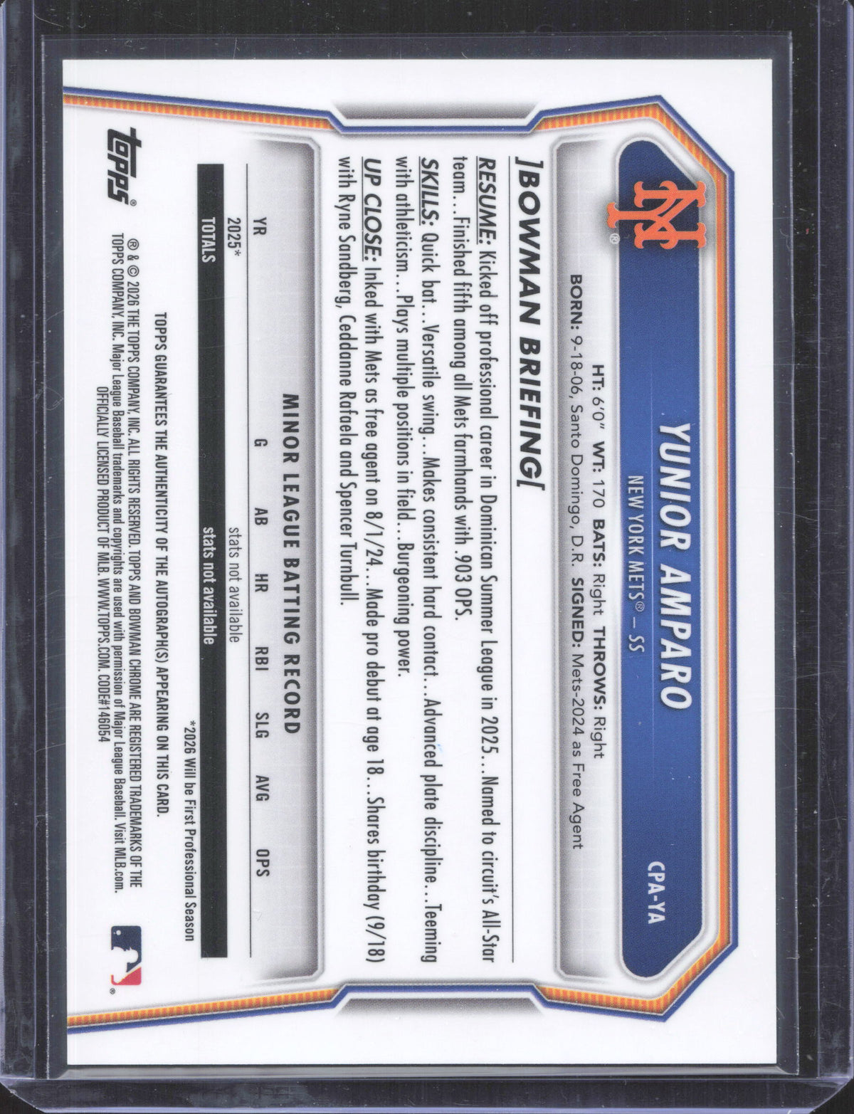 2026 Bowman Chrome Yunior Amparo #CPA-YA Prospect Autographs
