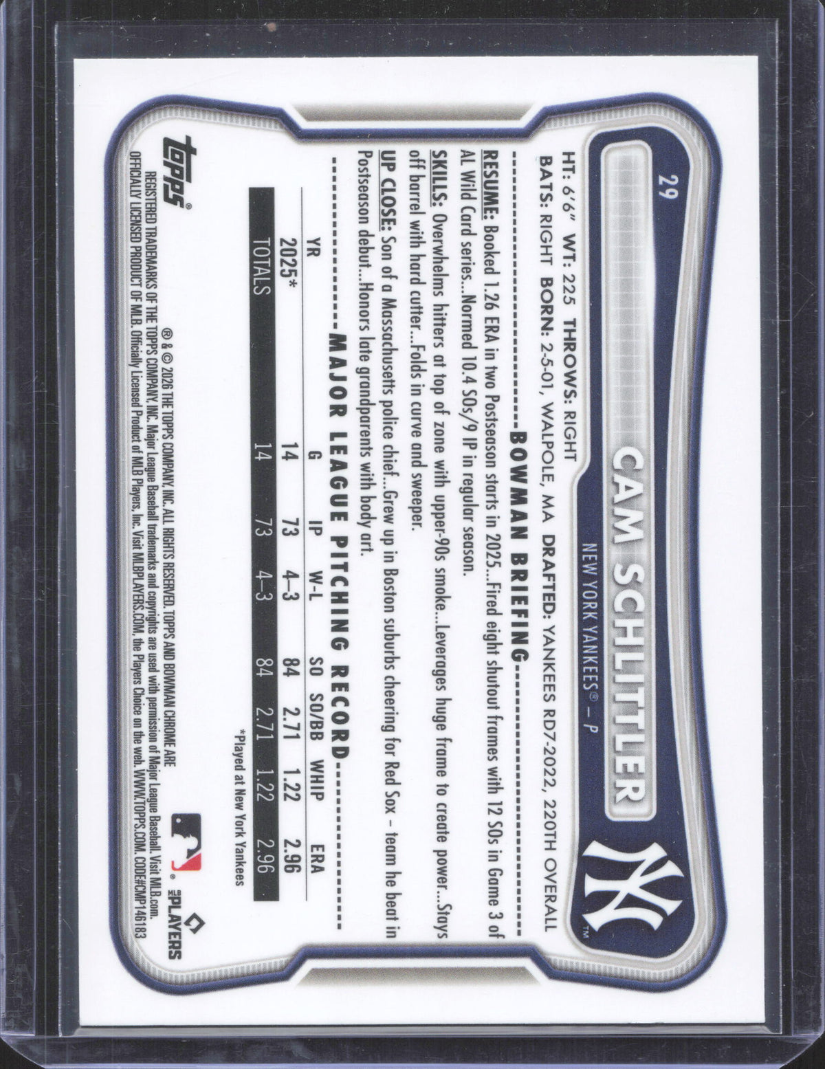 2026 Bowman Chrome Cam Schlittler #29