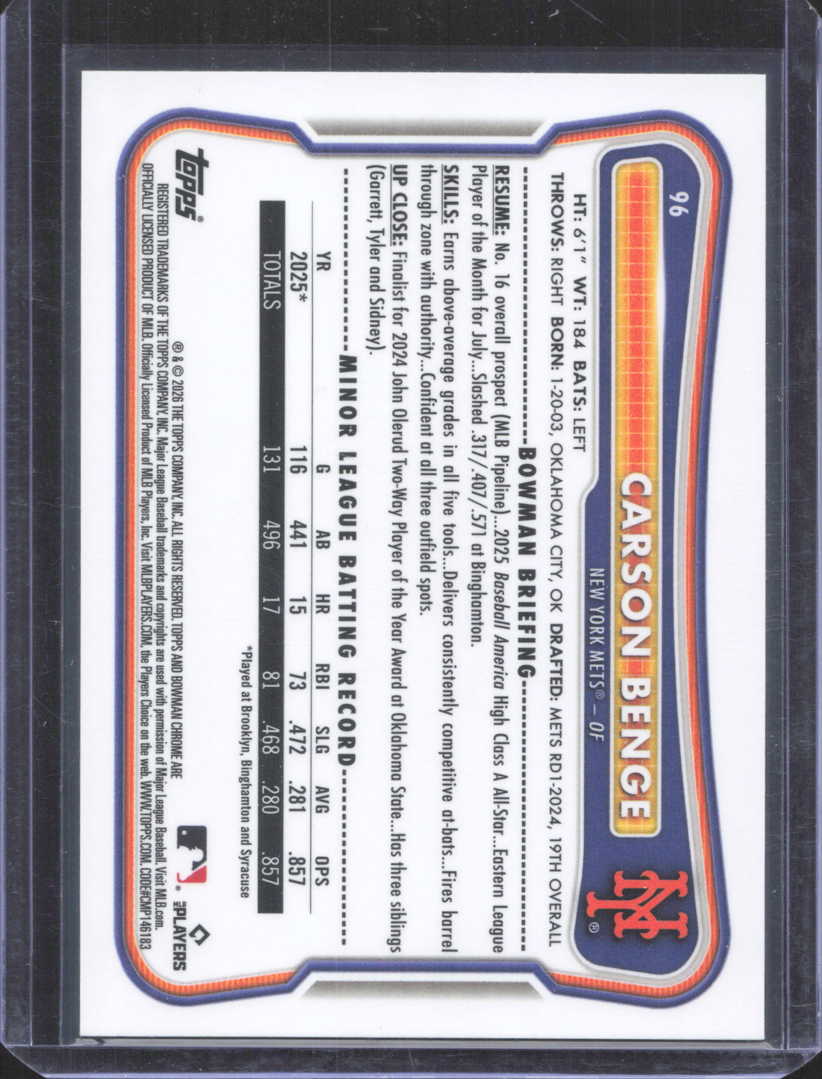 2026 Bowman Chrome Carson Benge #96 Mojo Refractor