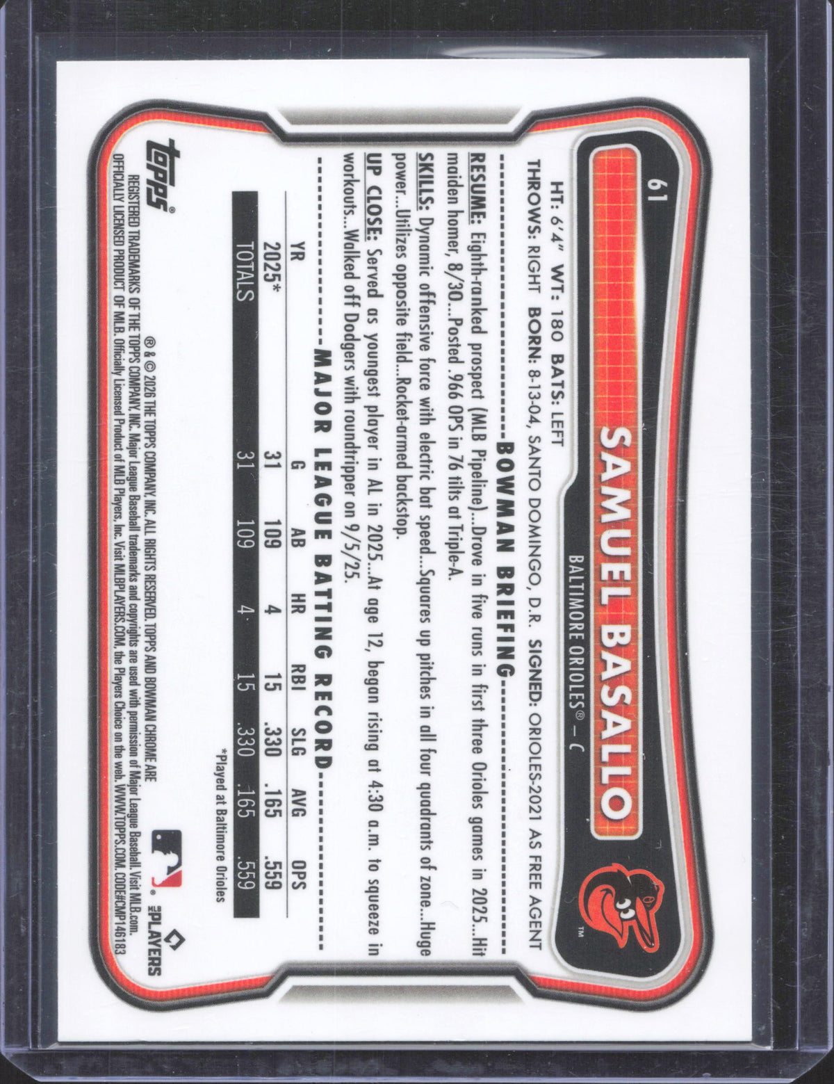Bowman 2026 Bowman Chrome Samuel Basallo #61 Mojo Refractor