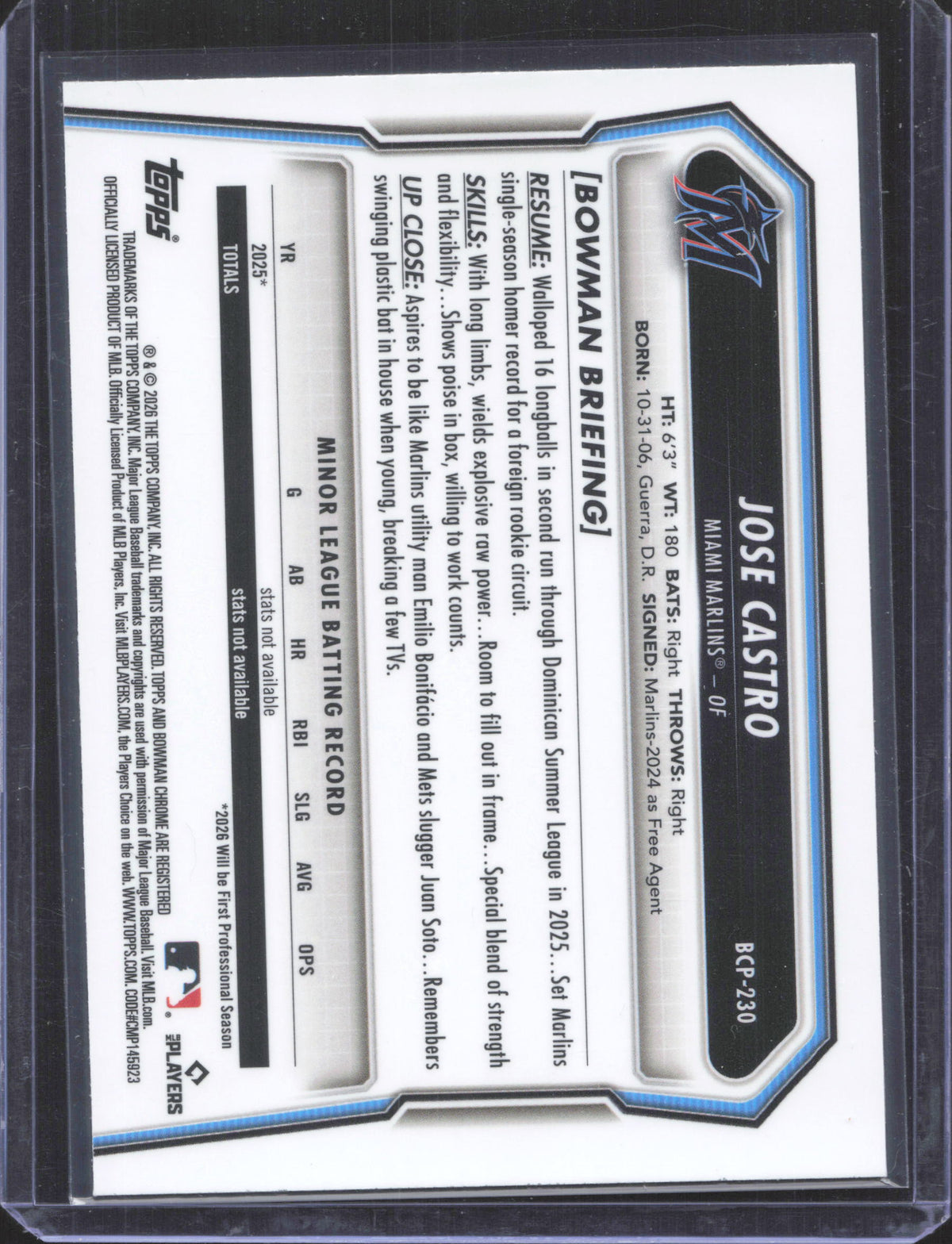 2026 Bowman Chrome Jose Castro #BCP-230 Prospects Laser