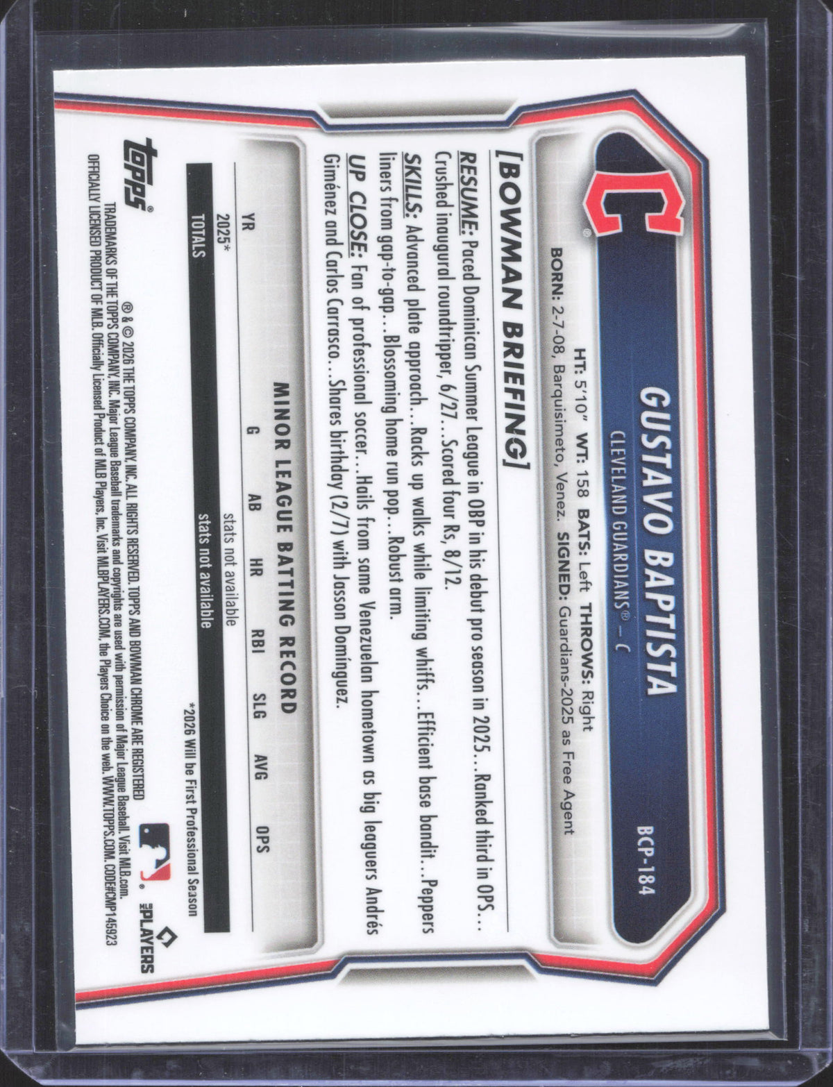 2026 Bowman Chrome Gustavo Baptista #BCP-184 Prospects Laser