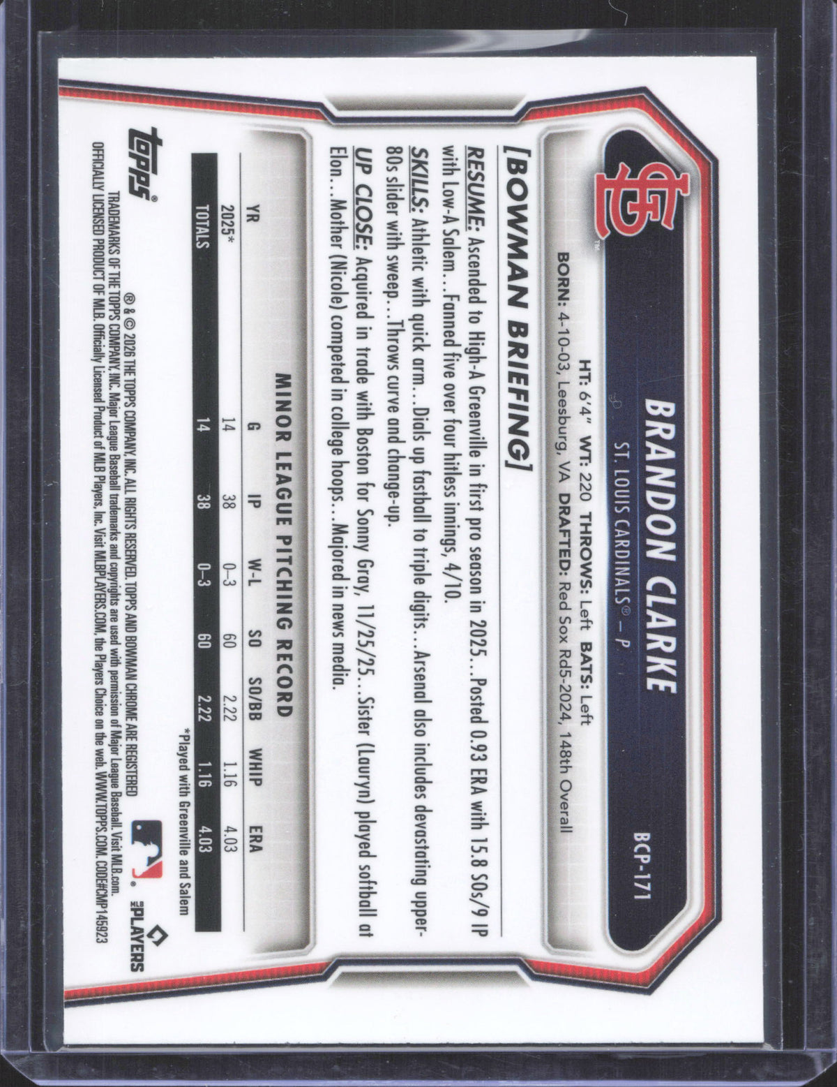 2026 Bowman Chrome Brandon Clarke #BCP-171 Prospects Laser