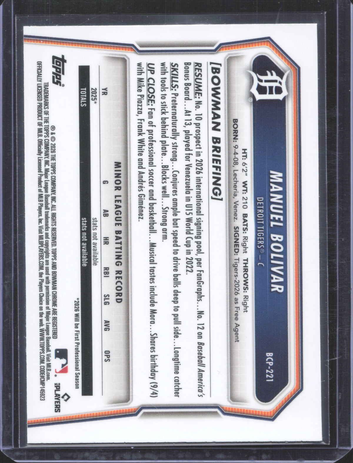 2026 Bowman Chrome Manuel Bolivar #BCP-221 Prospects Laser