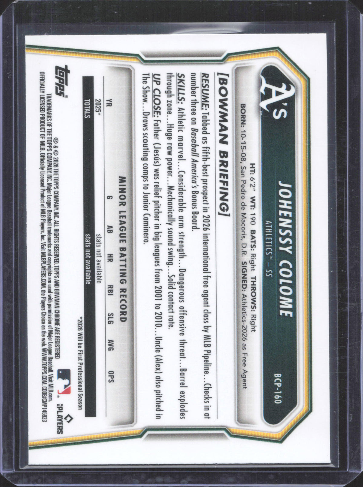 #BCP-160 2026 Bowman Chrome Johenssy Colome - Prospects Laser Refractor
