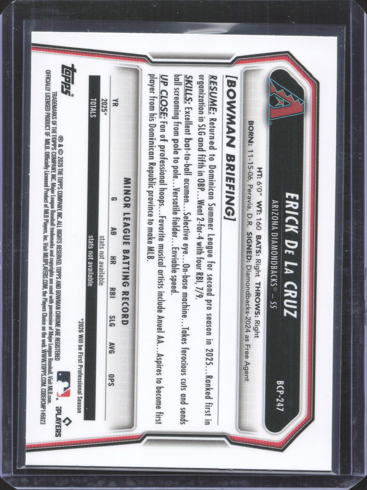 2026 Bowman Chrome Erick De La Cruz #BCP-247 Prospects Laser