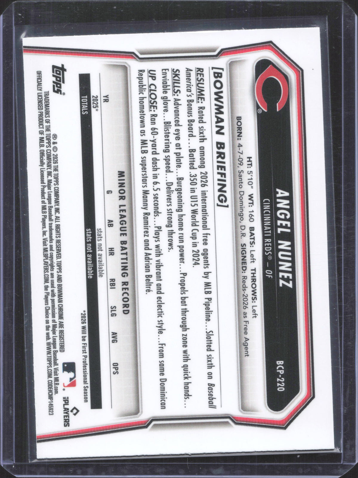 2026 Bowman Chrome Angel Nunez #BCP-220 Prospects Laser