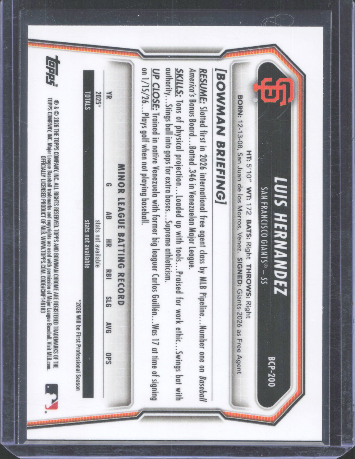 #BCP-200 2026 Bowman Chrome Luis Hernandez Mojo Refractor