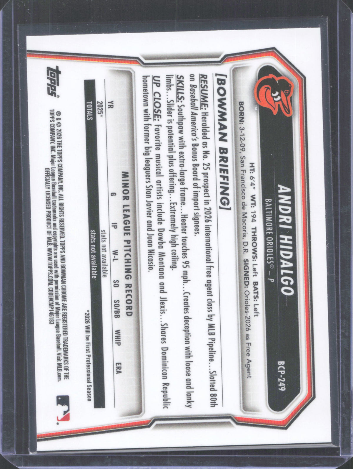 #BCP-249 2026 Bowman Chrome Andri Hidalgo Mojo Refractor