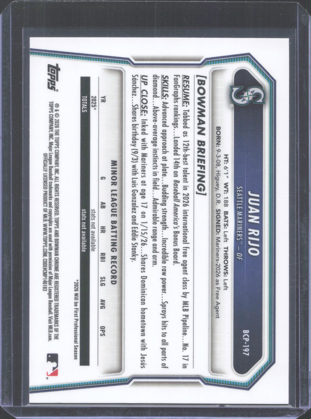 #BCP-197 2026 Bowman Chrome Juan Rijo Mojo Refractor