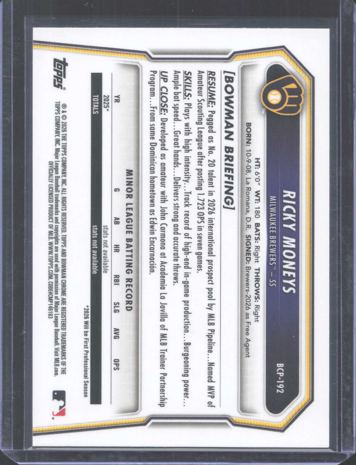 #BCP-192 2026 Bowman Chrome Ricky Moneys Mojo Refractor