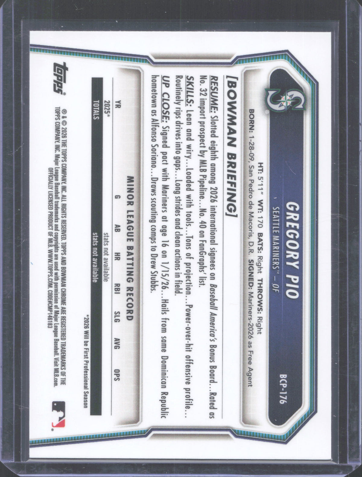 #BCP-176 2026 Bowman Chrome Gregory Pio Mojo Refractor