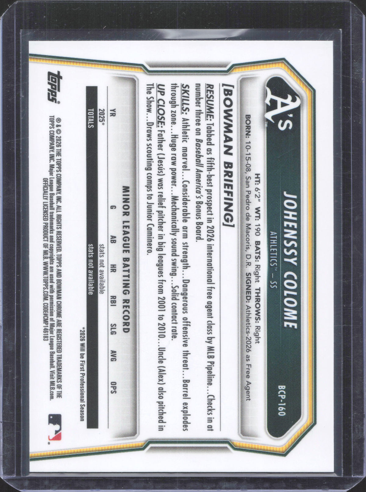 #BCP-160 2026 Bowman Chrome Johenssy Colome Mojo Refractor