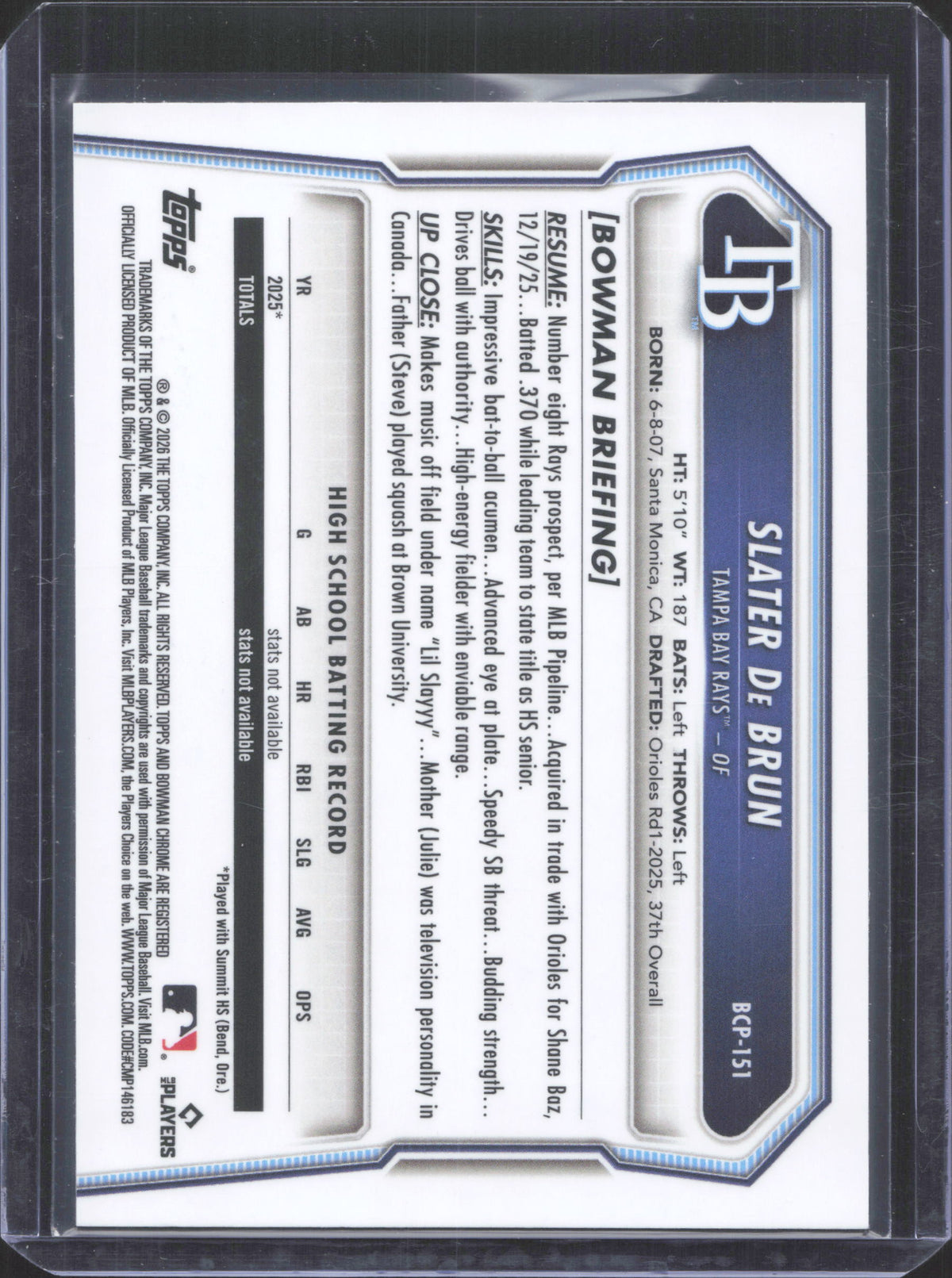 #BCP-151 2026 Bowman Chrome Slater DeBrun Mojo Refractor