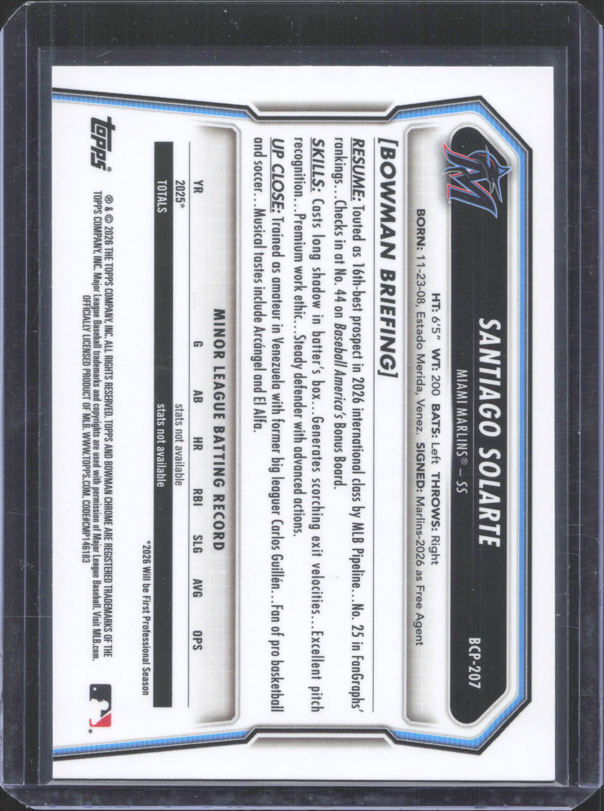 2026 Bowman Chrome Santiago Solarte #BCP-207 Prospects Aqua Mojo