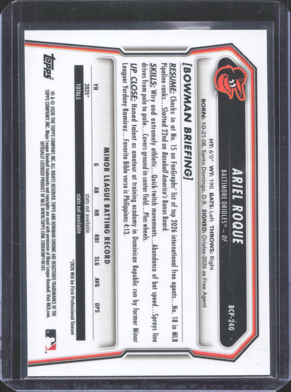 #BCP-240 2026 Bowman Chrome Ariel Roque Mojo Refractor