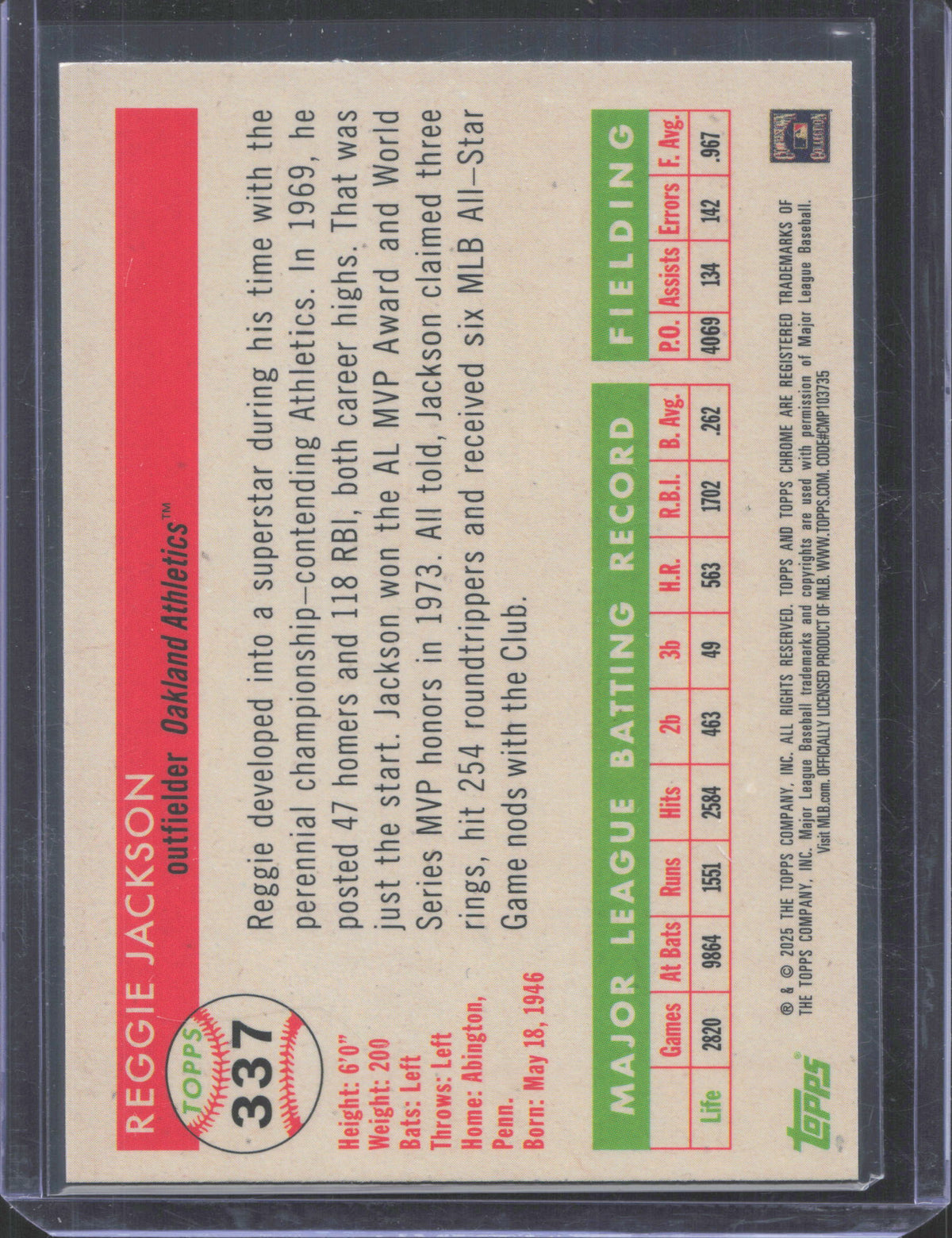 2025 Topps Chrome Platinum Anniv Reggie Jackson #337 Blue Shimmer Refractor