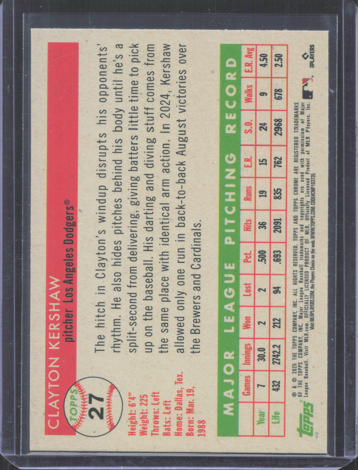 2025 Topps Chrome Platinum Anniversary Clayton Kershaw #27 Refractor