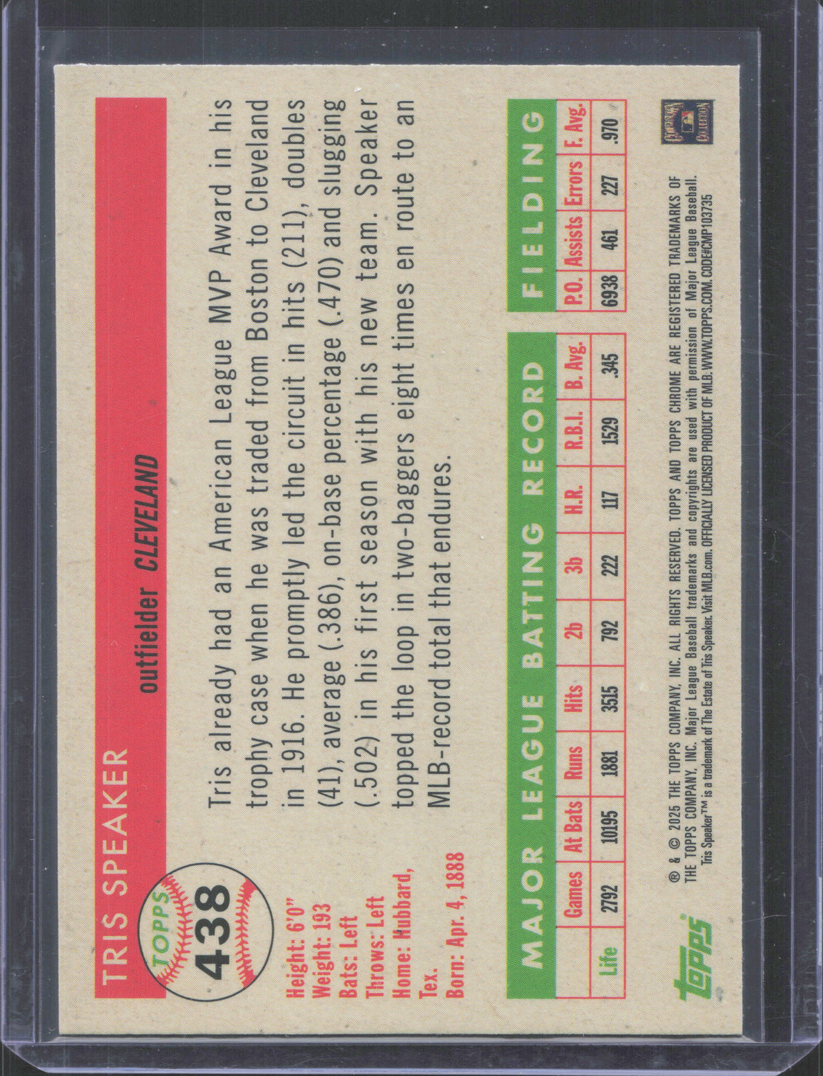 2025 Topps Chrome Platinum Anniversary Tris Speaker #438 Refractor
