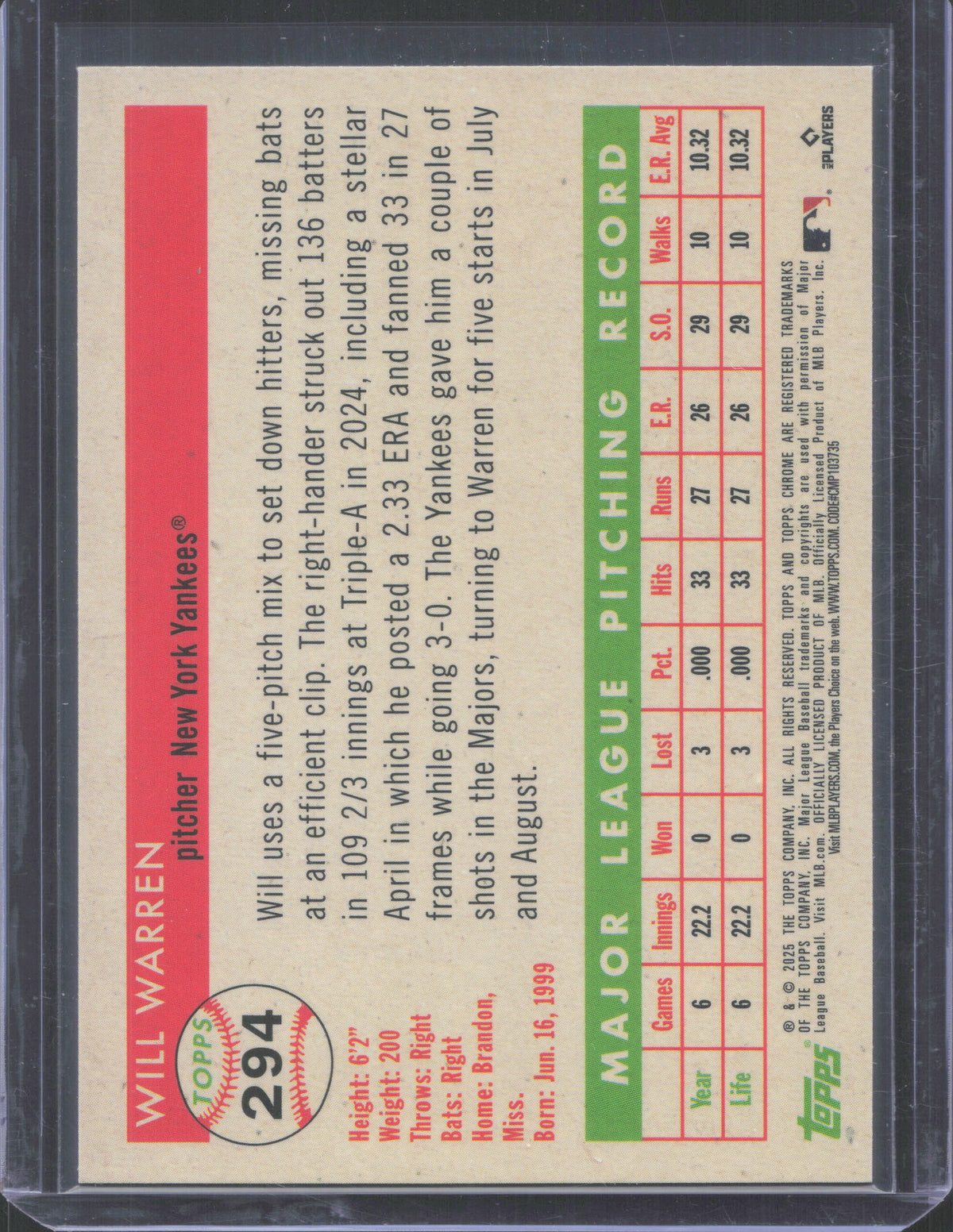 2025 Topps Chrome Platinum Anniversary Will Warren #294