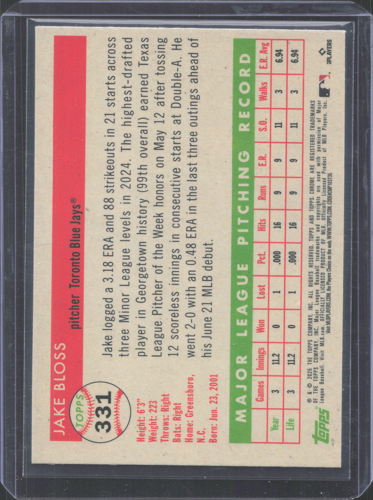 2025 Topps Chrome Platinum Anniversary Jake Bloss #331