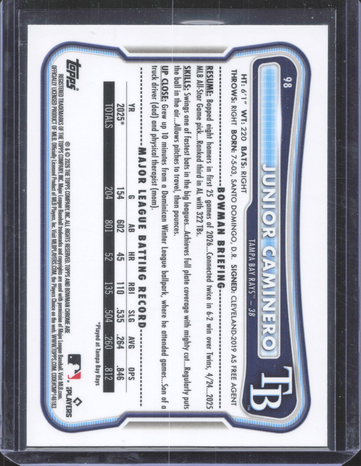Bowman 2026 Bowman Chrome Junior Caminero #98