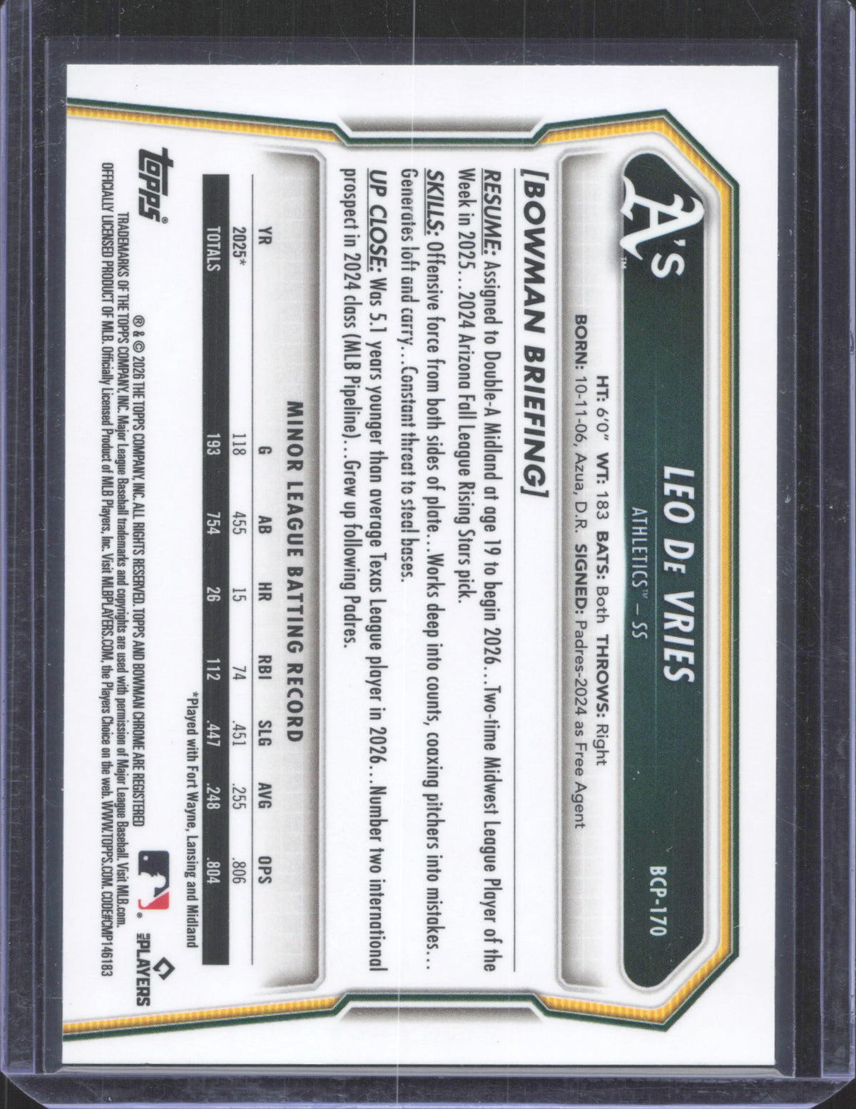 #BCP-170 Leo De Vries 2026 Bowman Chrome Mojo Refractor