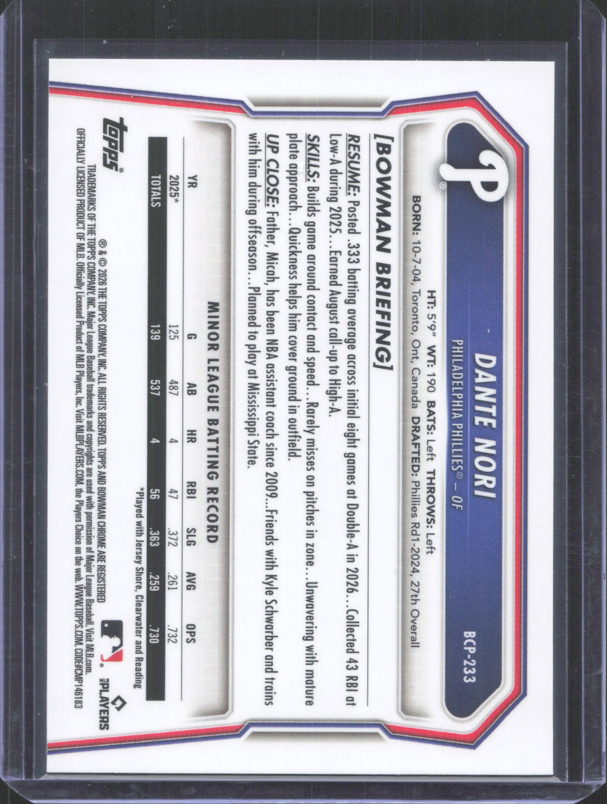 #BCP233 Dante Nori 2026 Bowman Chrome Mojo Refractor