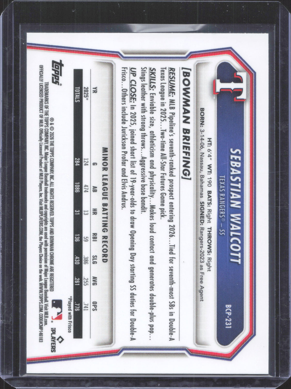 #BP231 Sebastián Walcott 2026 Bowman Chrome Mojo Refractor
