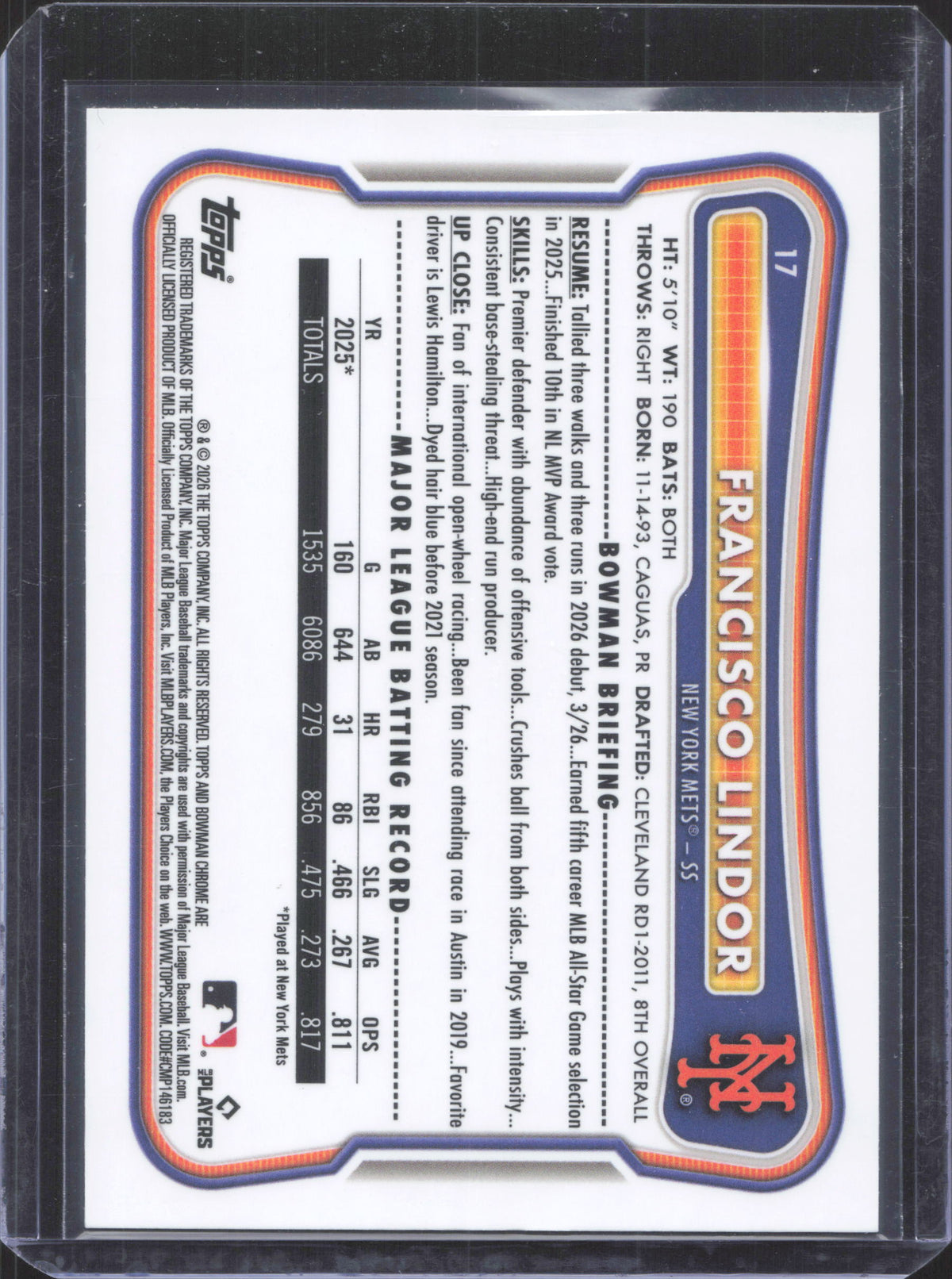 2026 Bowman Chrome Francisco Lindor #17