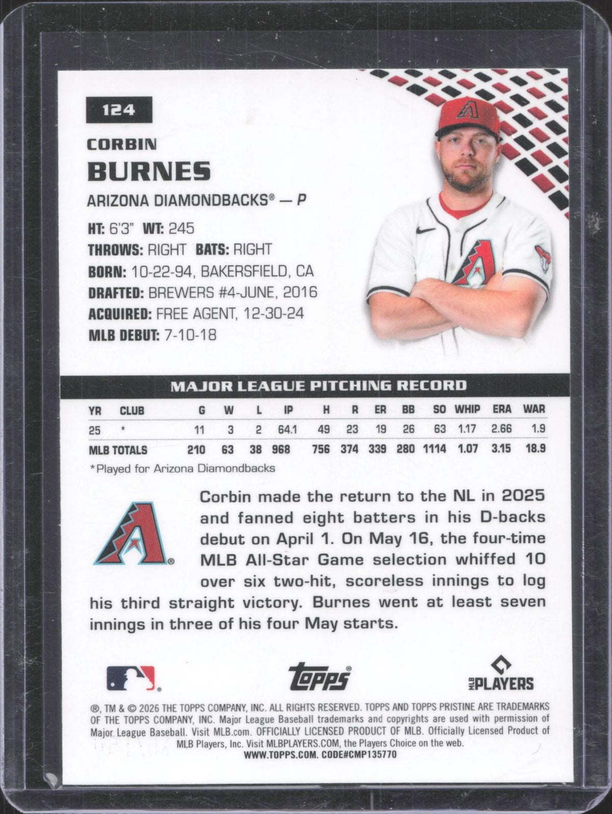2026 Topps Pristine Corbin Burnes #124 Green Refractor 123/150