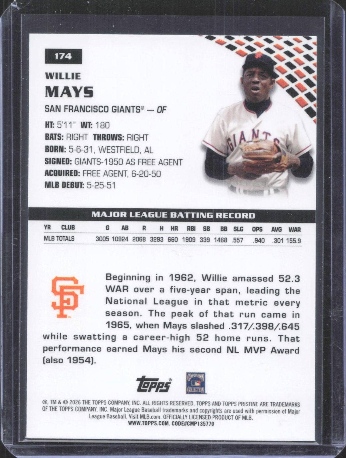 2026 Topps Pristine Willie Mays #174