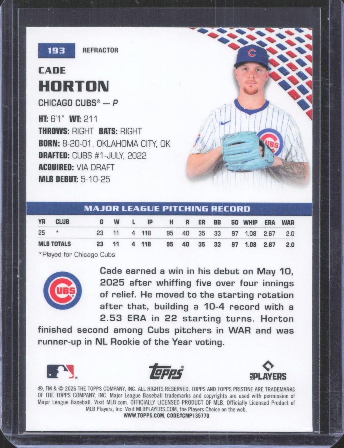 2026 Topps Pristine Cade Horton #193