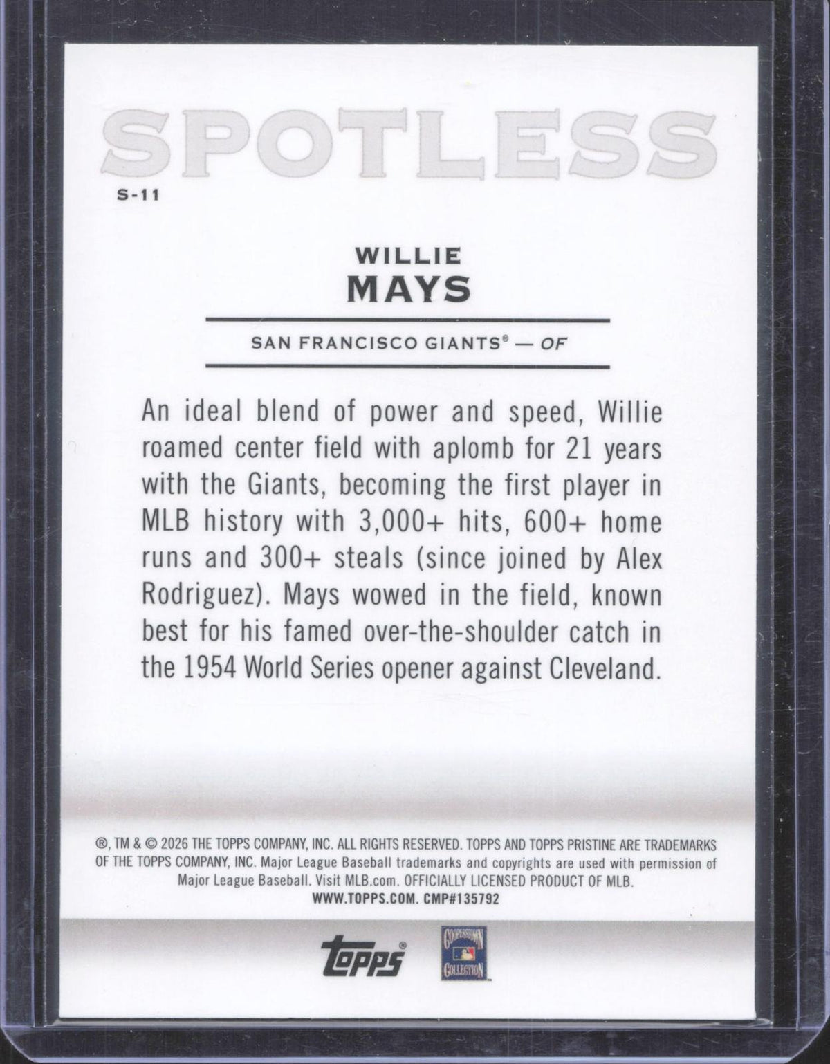 2026 Topps Pristine Willie Mays #S-11 Spotless