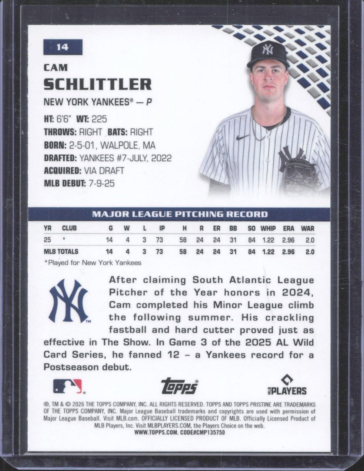 2026 Topps Pristine Cam Schlittler #14