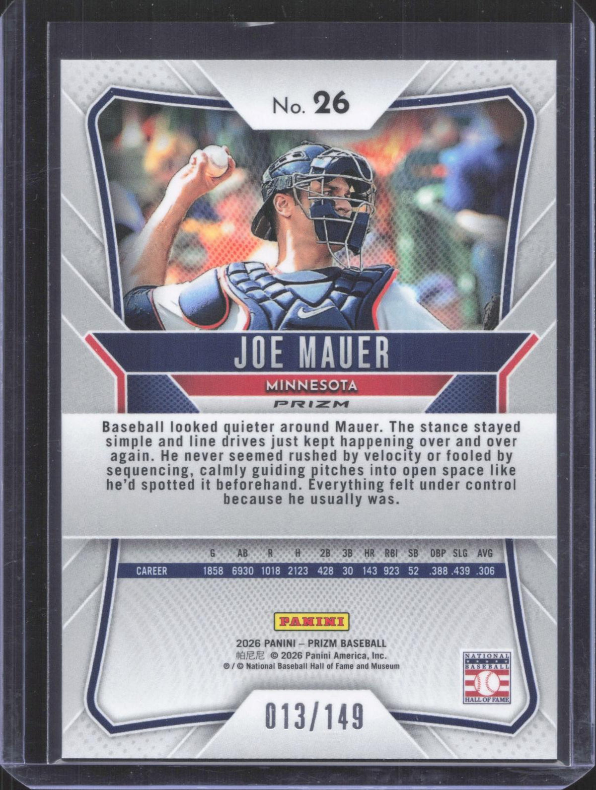 2026 Panini Prizm Joe Mauer #26 Purple Prizm 13/149