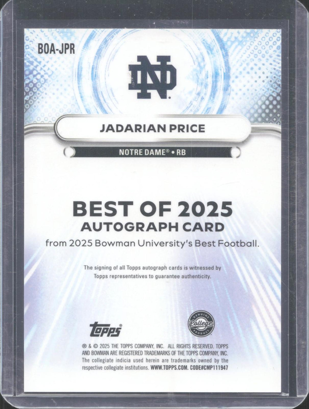 2025 Bowman University Best Jadarian Price #BOA-JPR Best Of 2025 Autographs