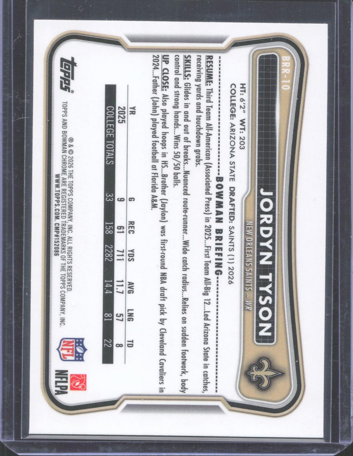 Bowman 2026 Jordyn Tyson Red Rookie New Orleans Saints #BRR-10 Red Rookie