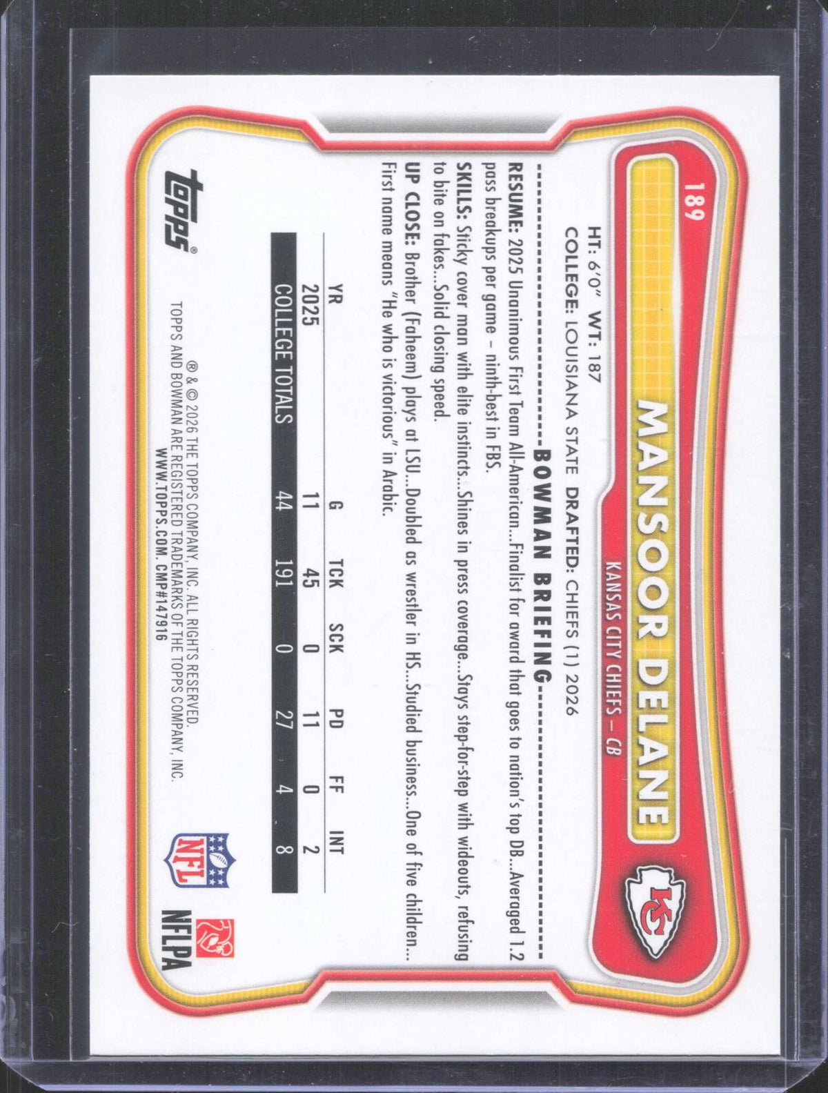 #189 2026 Bowman Football Mansoor Delane 33/75