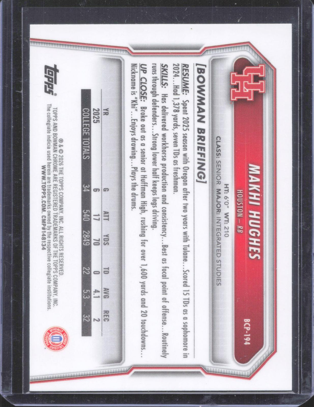 BCP-194 2026 Bowman Football Makhi Hughes 006/150
