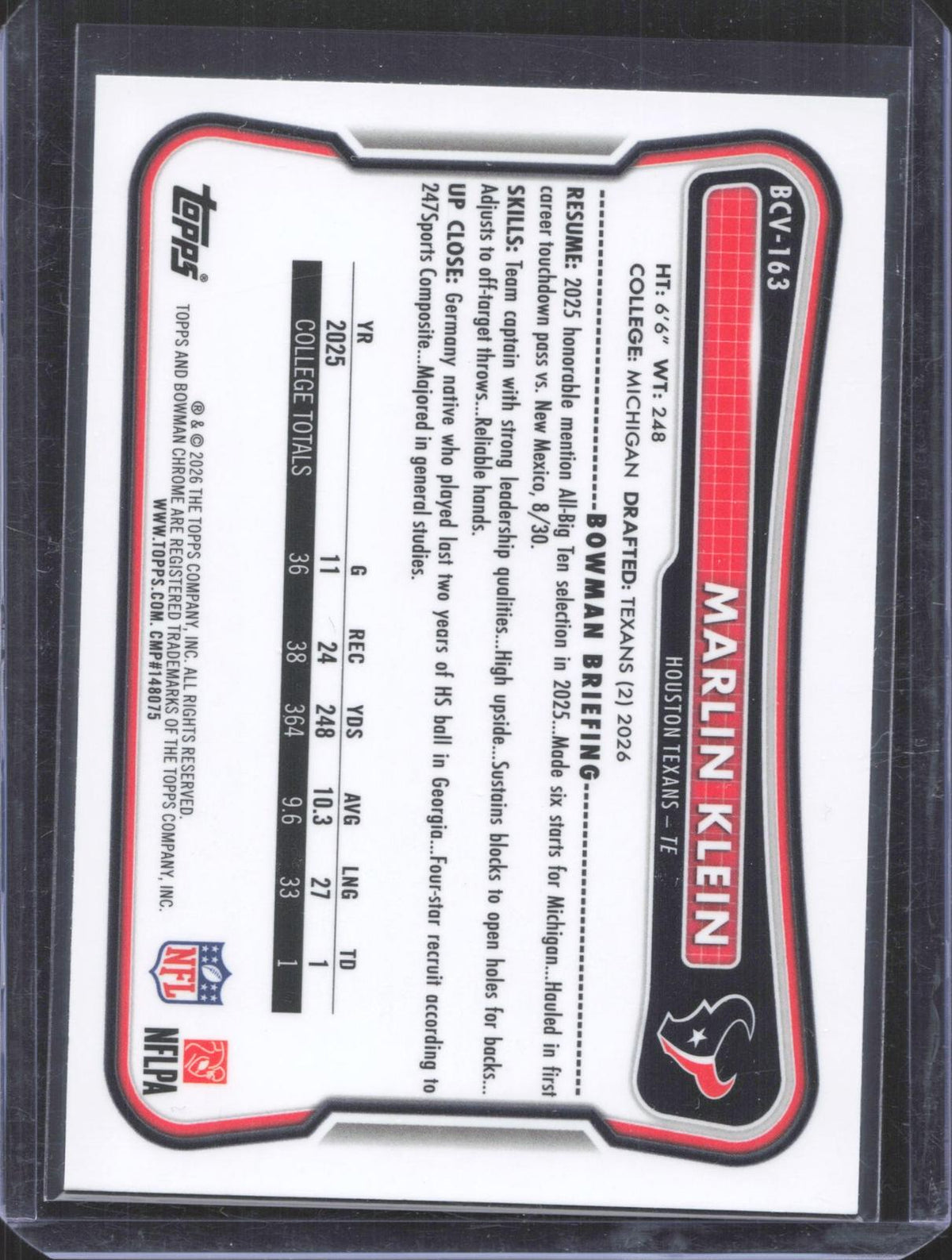 #BCV-163 2026 Bowman Football Marlin Klein