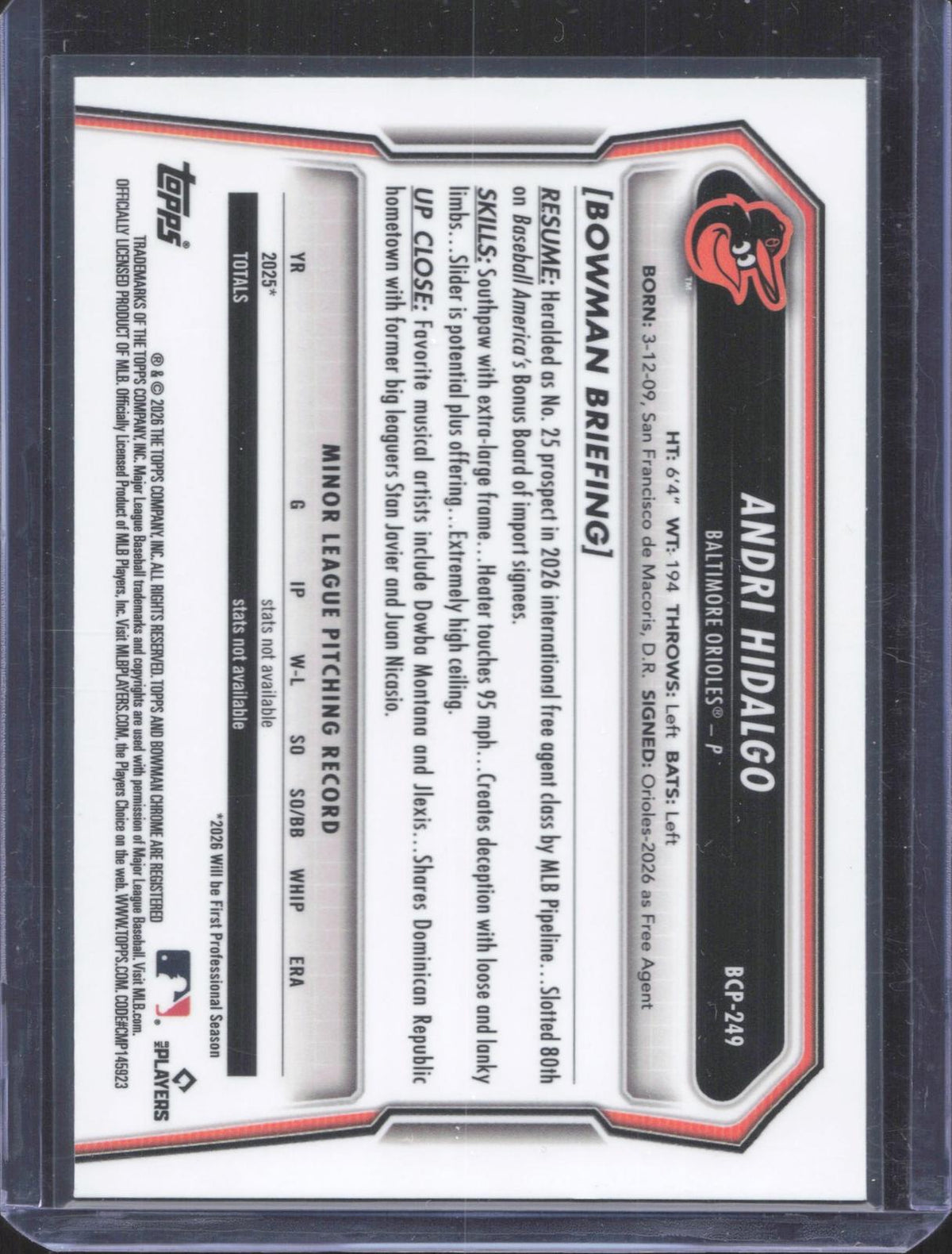 BCP-249 Topps 2026 Bowman Chrome Andri Hidalgo 26/250