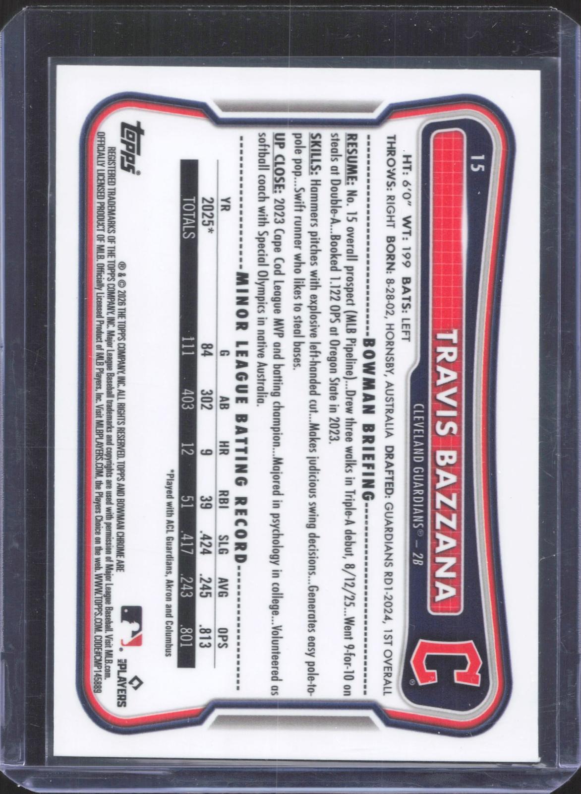 #15 Topps 2026 Bowman Chrome Travis Bazzana 123/299