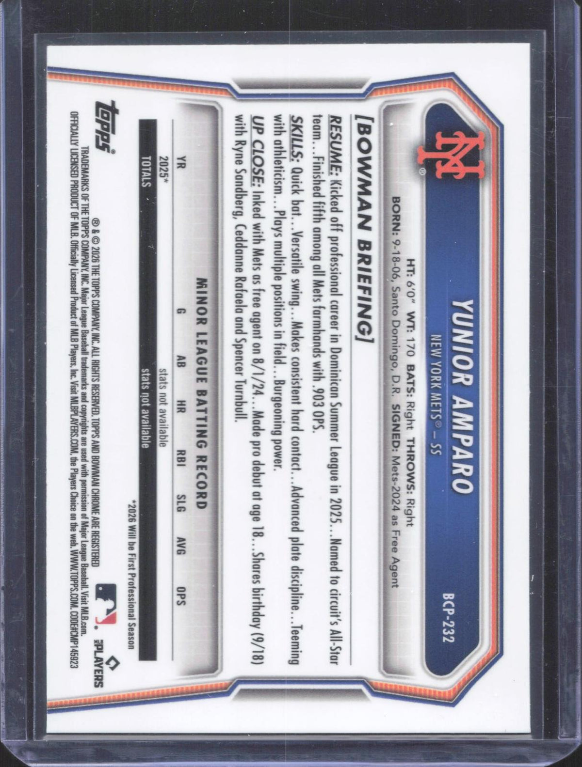 #BCP-232 Topps 2026 Bowman Chrome Yunior Amparo Purple Refractor 37/250