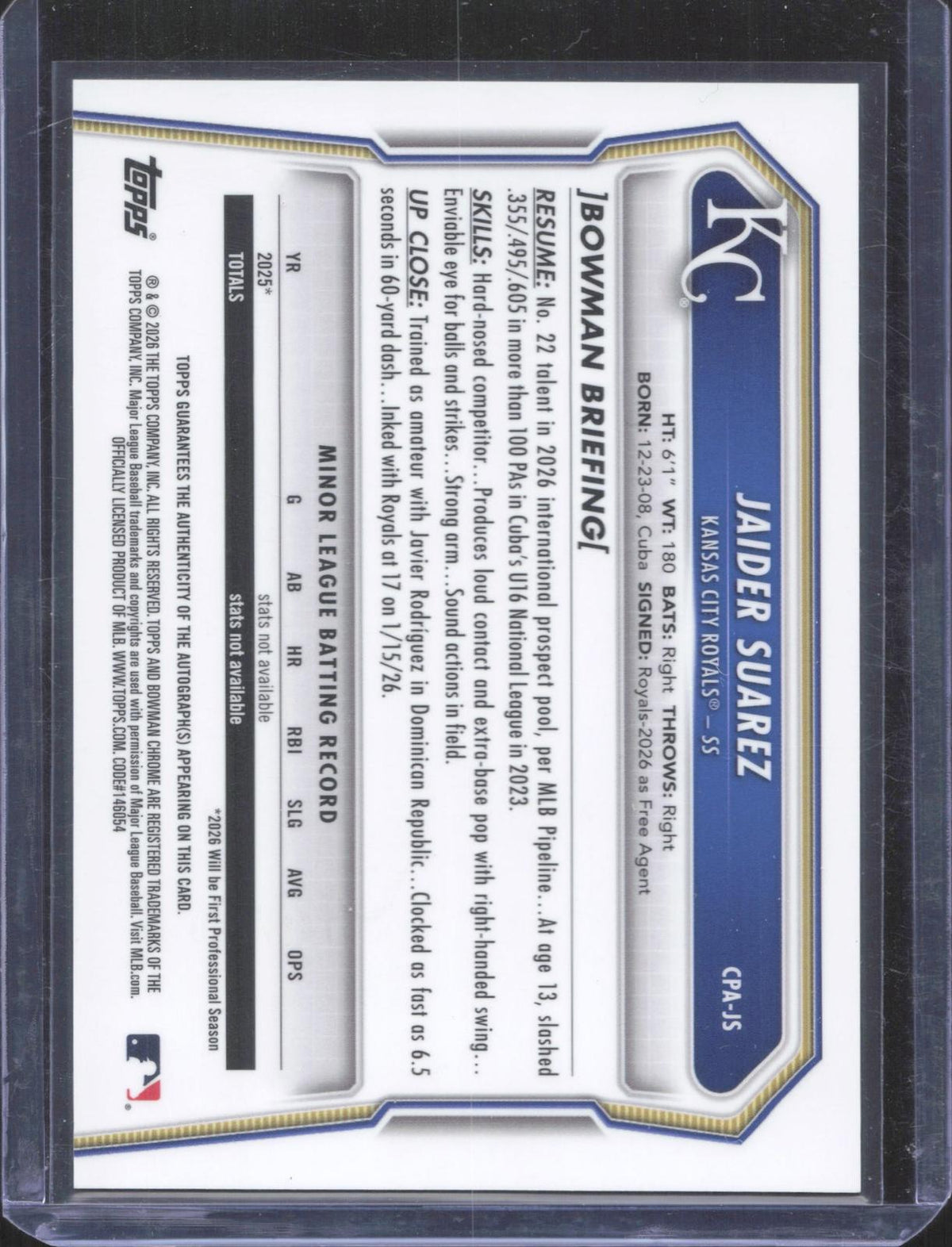 #CPA-J5 Topps 2026 Bowman Chrome - Jaider Suarez 145/250 Auto