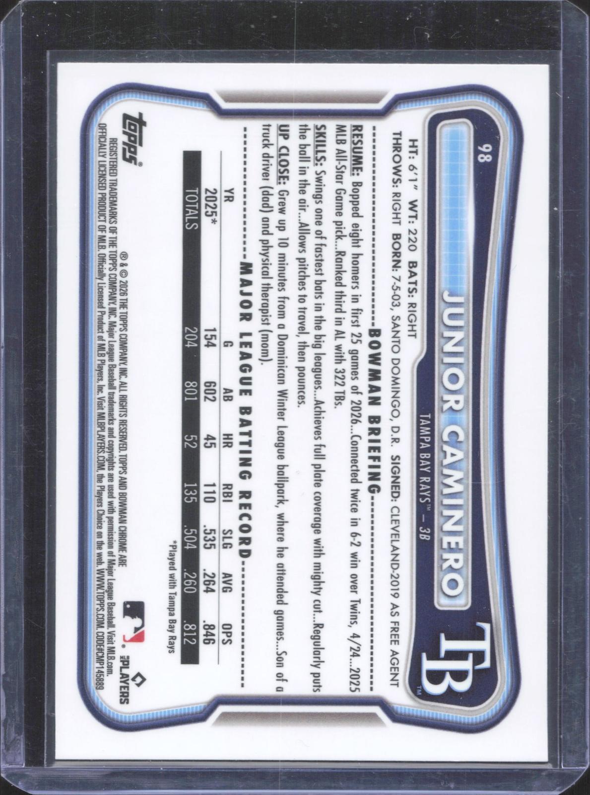 #98 Topps 2026 Bowman Chrome Junior Caminero 142/299