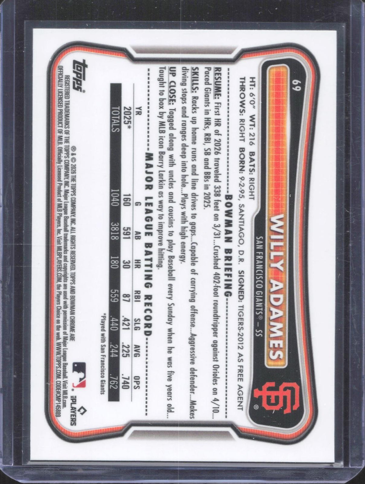 #69 Topps 2026 Bowman Chrome Willy Adams 29/299