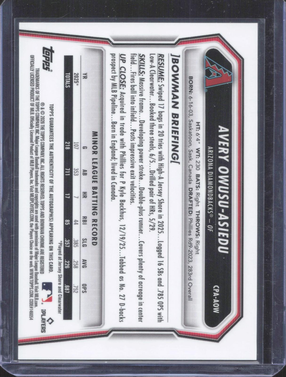 Bowman 2026 Bowman Chrome Avery Owusu-Asiedu #CPA-AOW Prospect Autographs