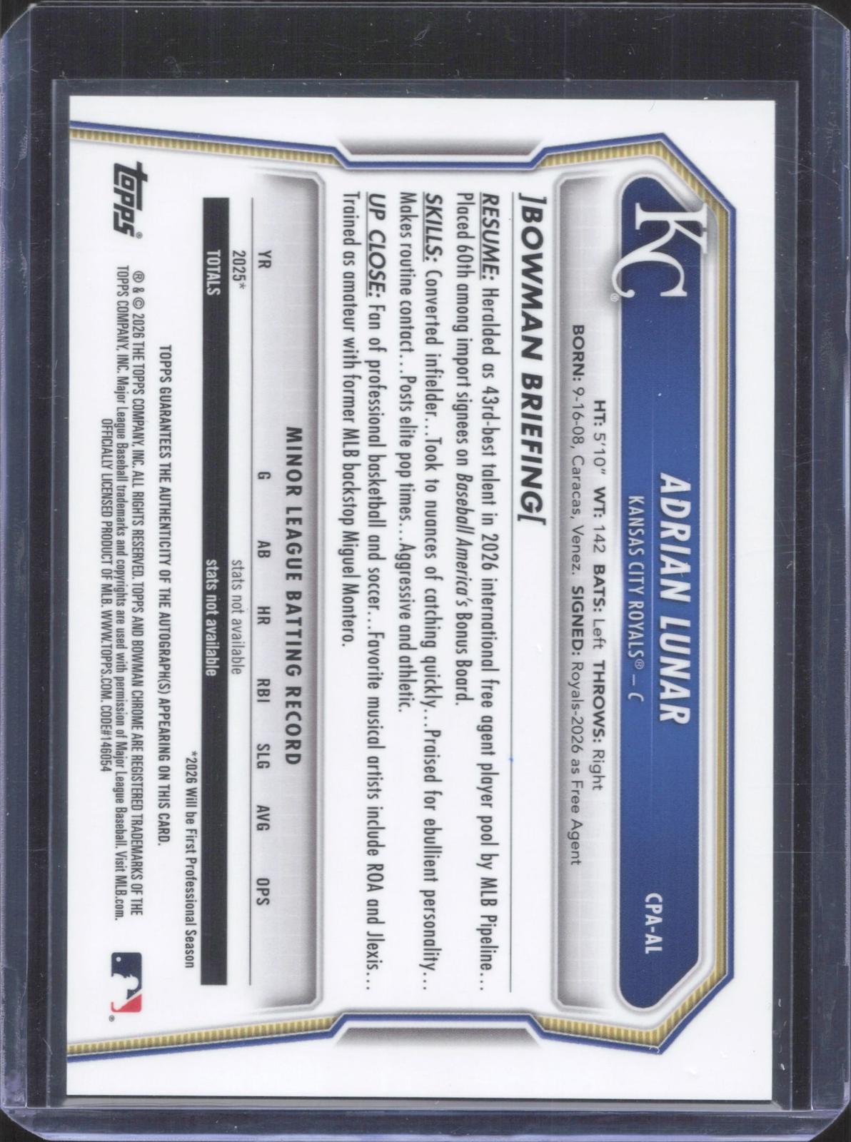 Bowman 2026 Bowman Chrome Adrian Lunar #CPA-AL Prospect Autographs