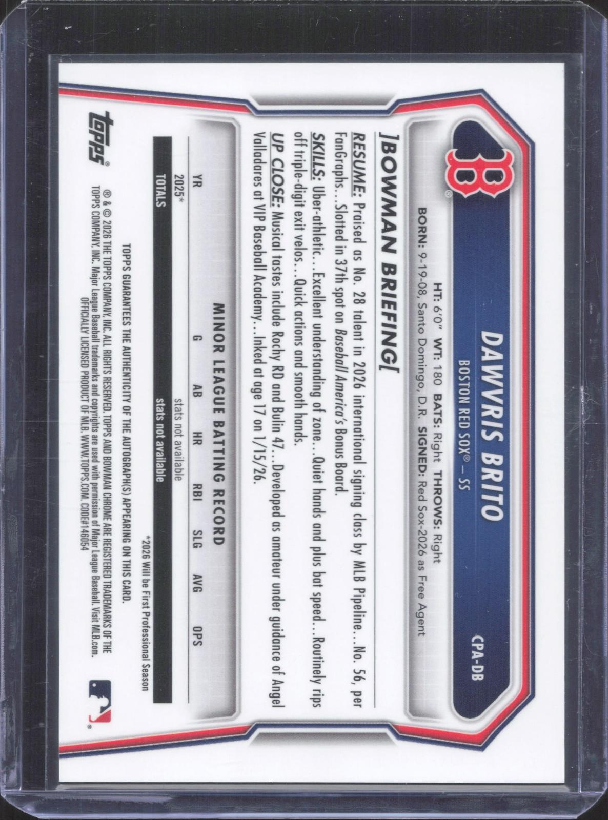 Bowman 2026 Bowman Chrome Dawvris Brito #CPA-DB Prospect Autographs